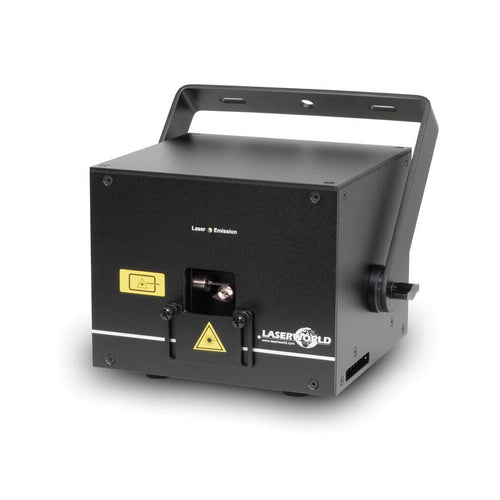 Laserworld 1000 mW compact RGB diode laser, beam specs of approx. 3 mm / 1 mrad, 25 kpps @ 8° scanners, ILDA / DMX / App co