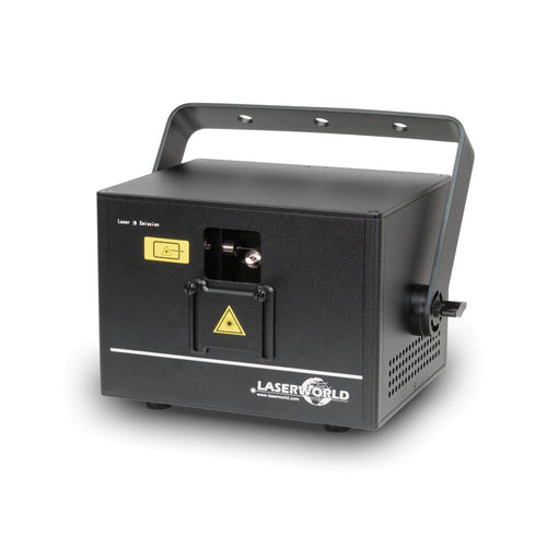 Laserworld 3000 mW compact RGB diode laser, built-in 3500 mAh battery, beam specs of approx. 5.5 mm / 1.1 mrad, 30 kpps @ 8°