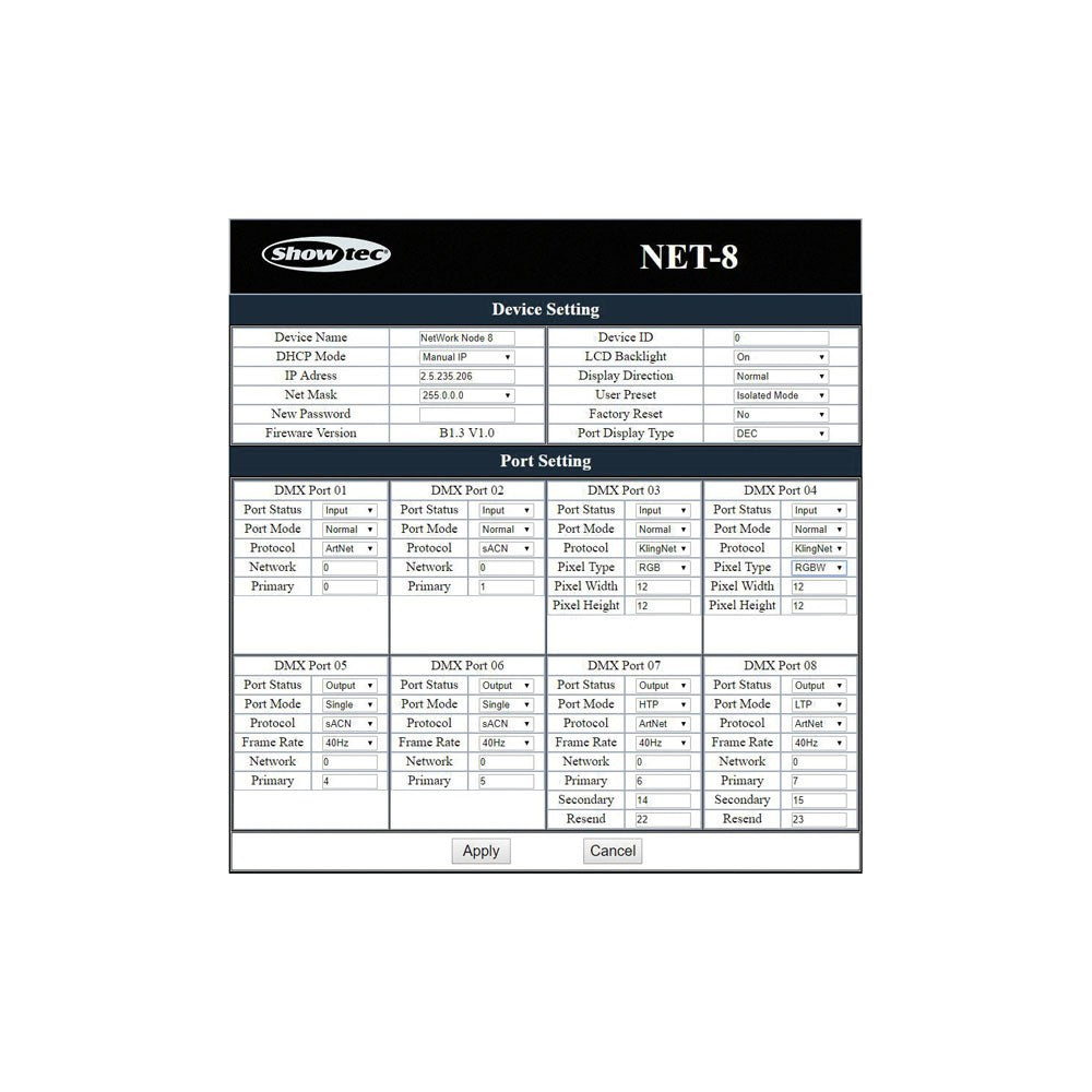 Showtec NET-8/3 Nodo Artnet/Klingnet de 8 canales, XLR de 3 polos