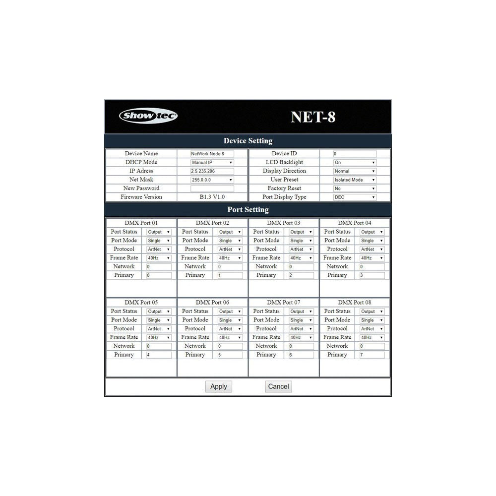 Showtec NET-8/5 nodo Artnet/Klingnet de 8 canales, XLR de 5 pines