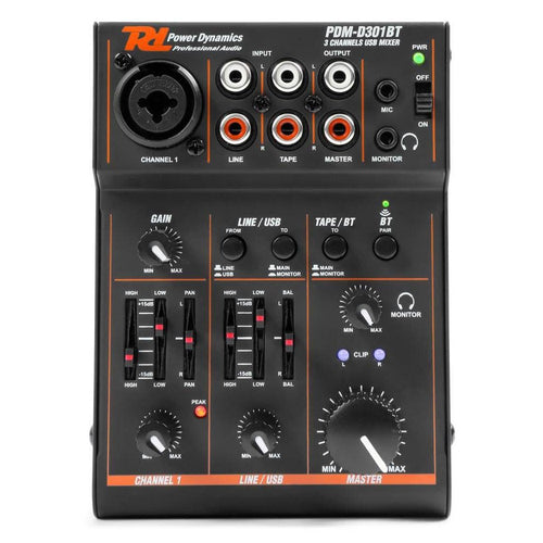 Power Dynamics PDM-D301BT Mezclador de 3 Canales con EQ/USB/BT