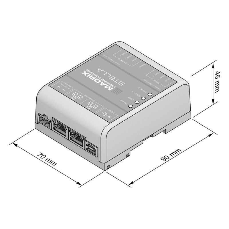 MADRIX STELLA 2-port network node with RDM support, Art-Net Node / USB 2.0 DMX-512 interface, 2 x DMX IN/OUT, DIN rail