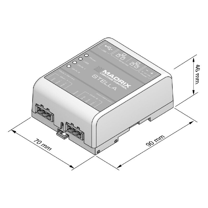 MADRIX STELLA 2-port network node with RDM support, Art-Net Node / USB 2.0 DMX-512 interface, 2 x DMX IN/OUT, DIN rail