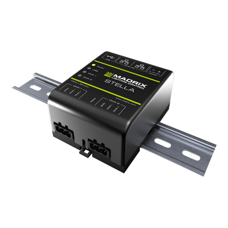 MADRIX STELLA 2-port network node with RDM support, Art-Net Node / USB 2.0 DMX-512 interface, 2 x DMX IN/OUT, DIN rail
