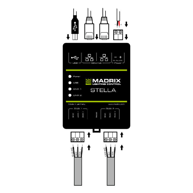 MADRIX STELLA 2-port network node with RDM support, Art-Net Node / USB 2.0 DMX-512 interface, 2 x DMX IN/OUT, DIN rail