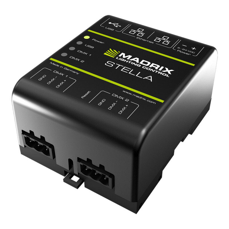 MADRIX STELLA 2-port network node with RDM support, Art-Net Node / USB 2.0 DMX-512 interface, 2 x DMX IN/OUT, DIN rail