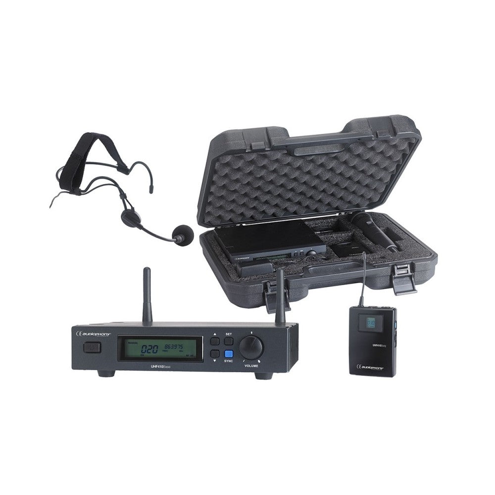 Audiophony Set including a UHF True Diversity receiver + a bodypack and a headband microphone in their transport case