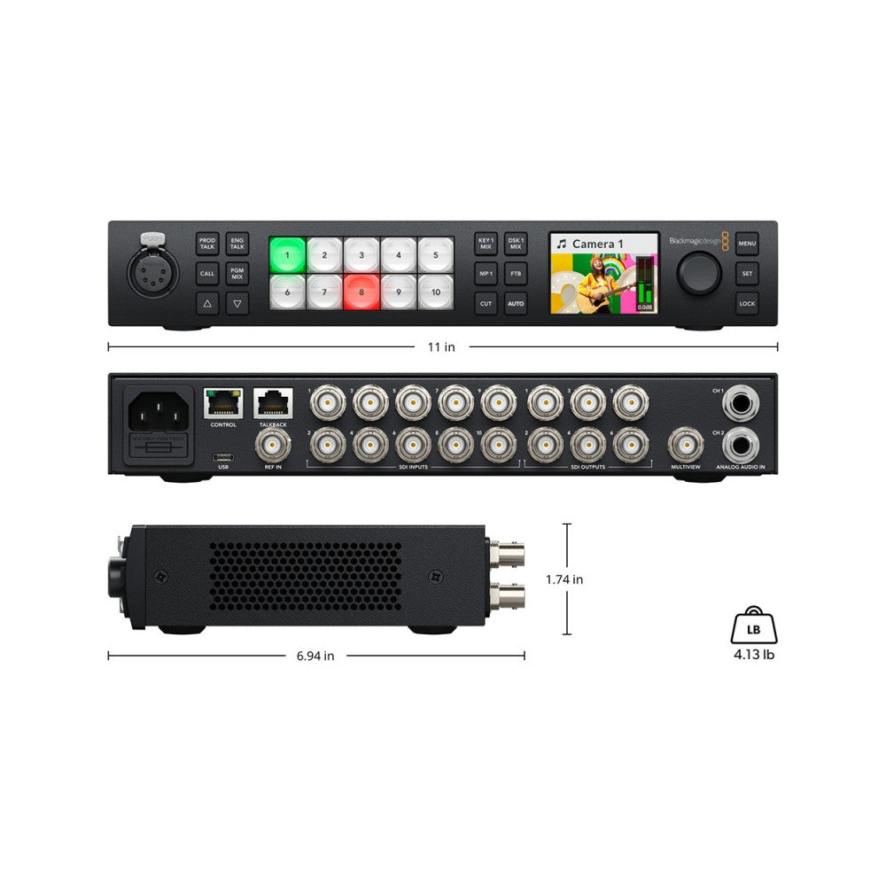 Mezclador de producción en directo de alta definición de Blackmagic Design repleto de funciones avanzadas: 10 entradas 3G-SDI, 6 salidas auxiliares 3G-SDI