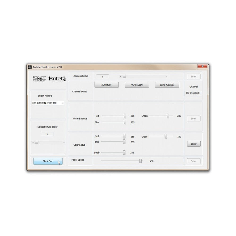 Herramienta de configuración DMX de Briteq con software para actualización de firmware