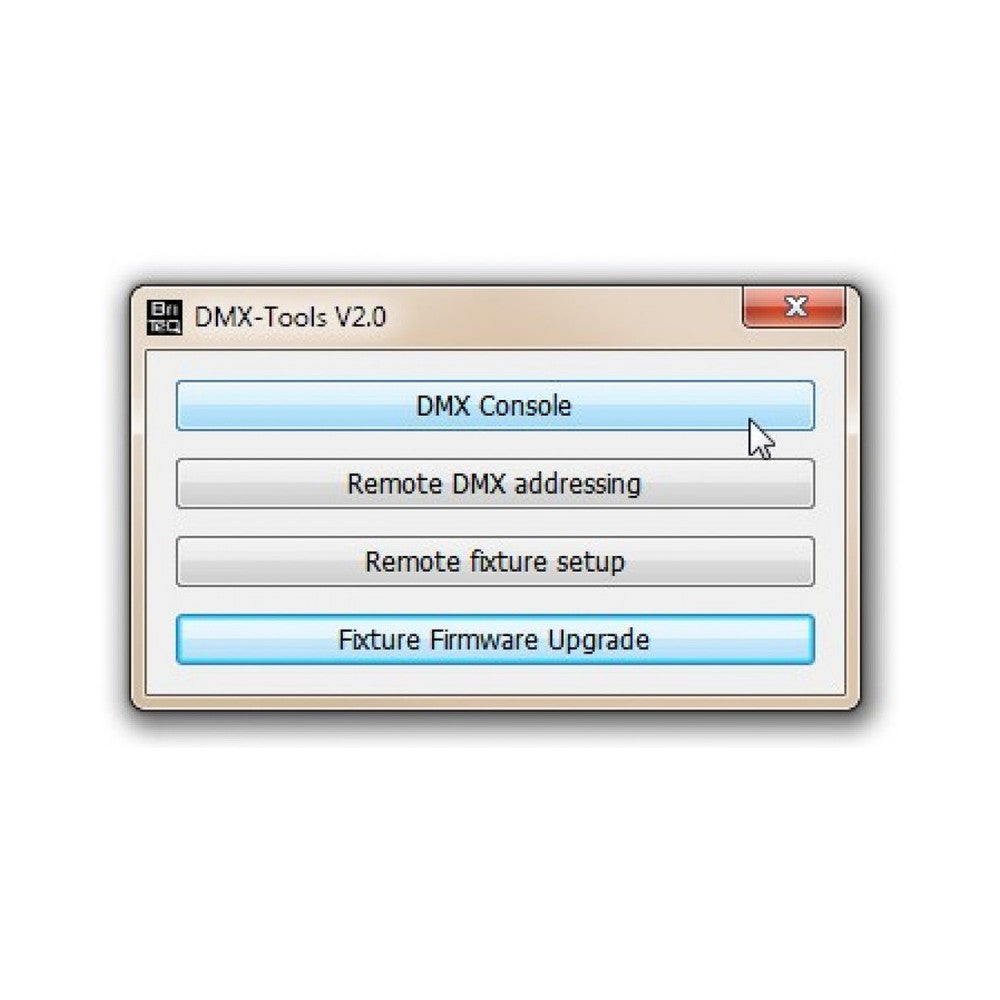 Herramienta de configuración DMX de Briteq con software para actualización de firmware