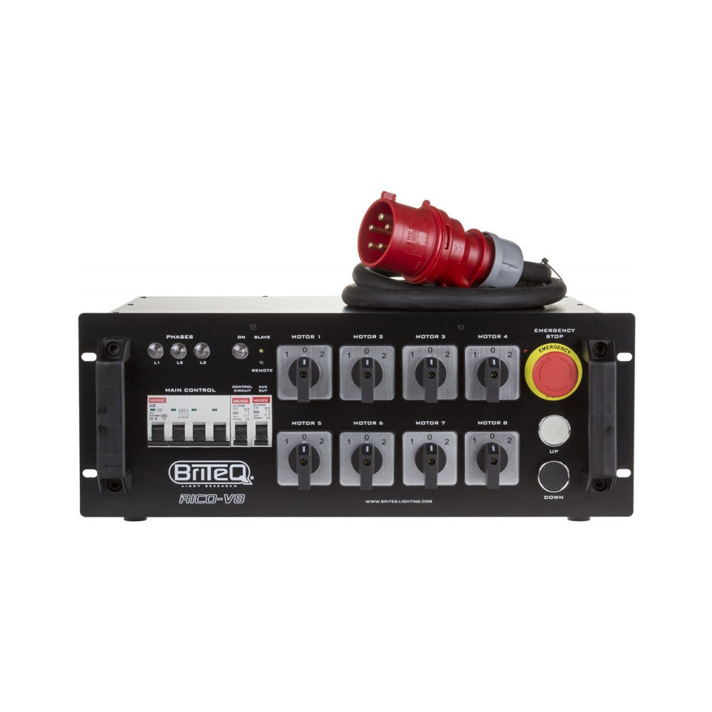 Controlador de motor de polipasto de cadena Briteq de 8 canales con enlace maestro/esclavo y SUBIR/BAJAR separados