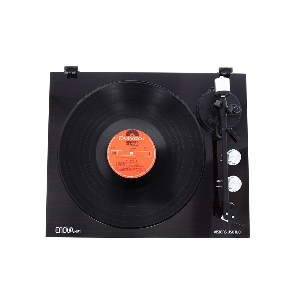 Tocadiscos USB de alta fidelidad Enova Hifi, acabado en madera oscura brillante, preamplificador RIAA, Audio Technica 3600L