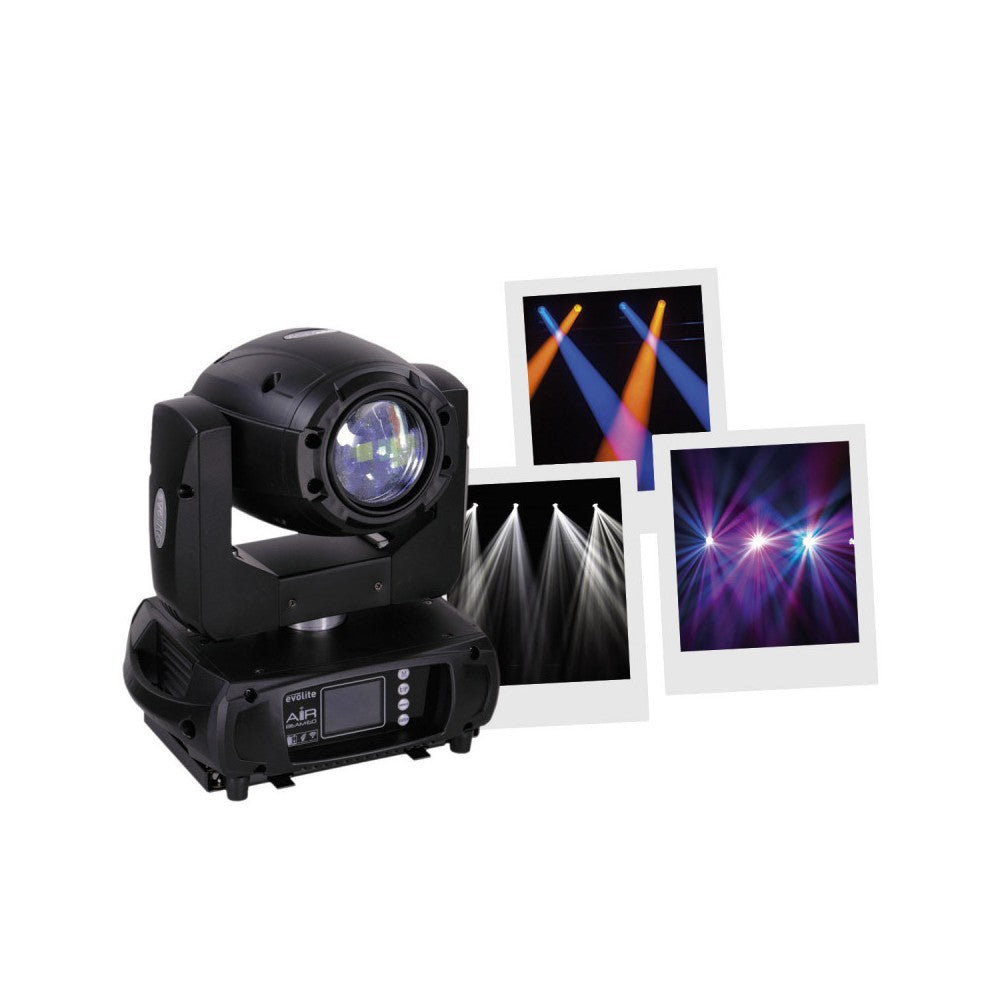 Evolite 60 W LED moving head which can work also with integrated battery, wireless DMX and remote control
