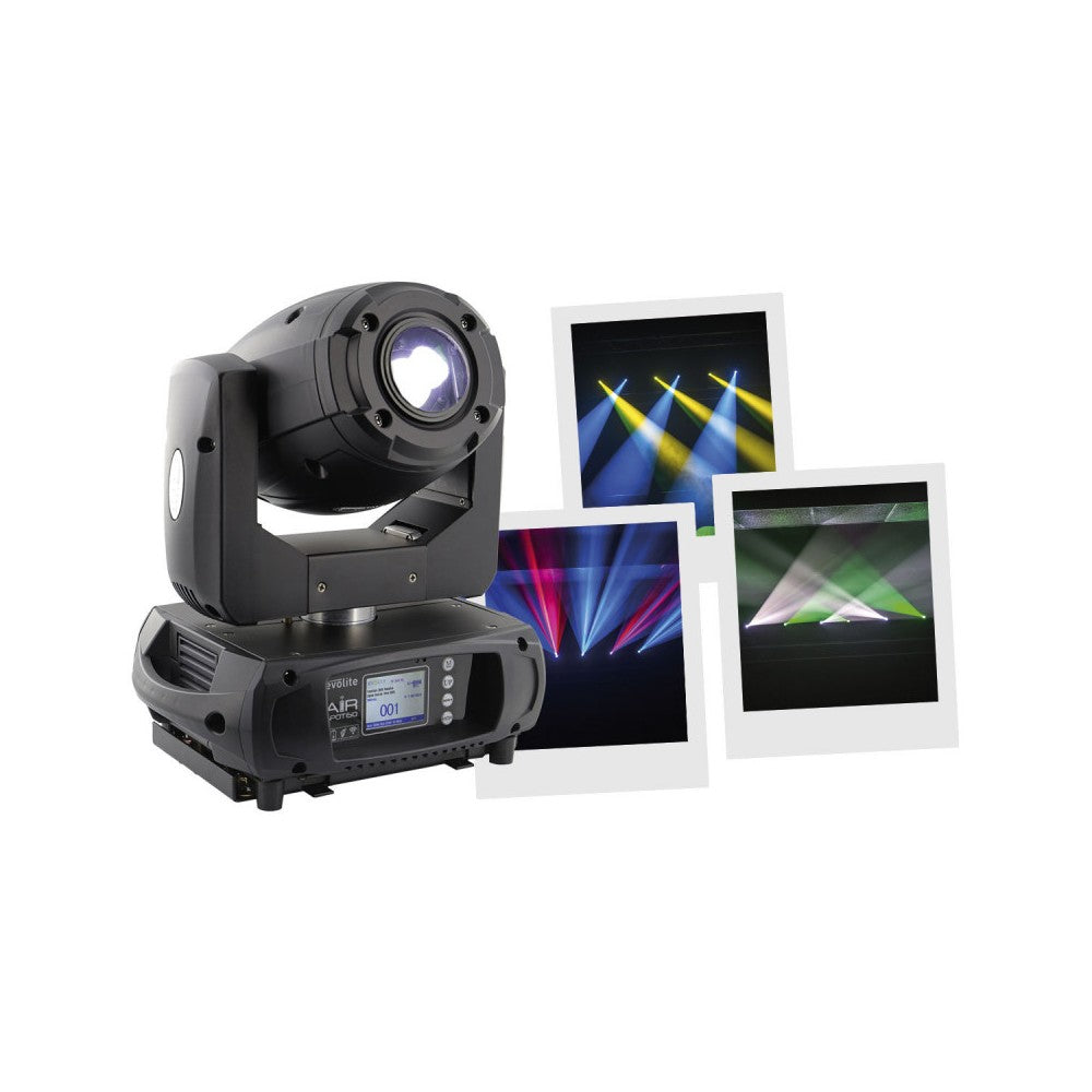 Evolite 60 W LED spot moving head which can work also with integrated battery, wireless DMX and remote control