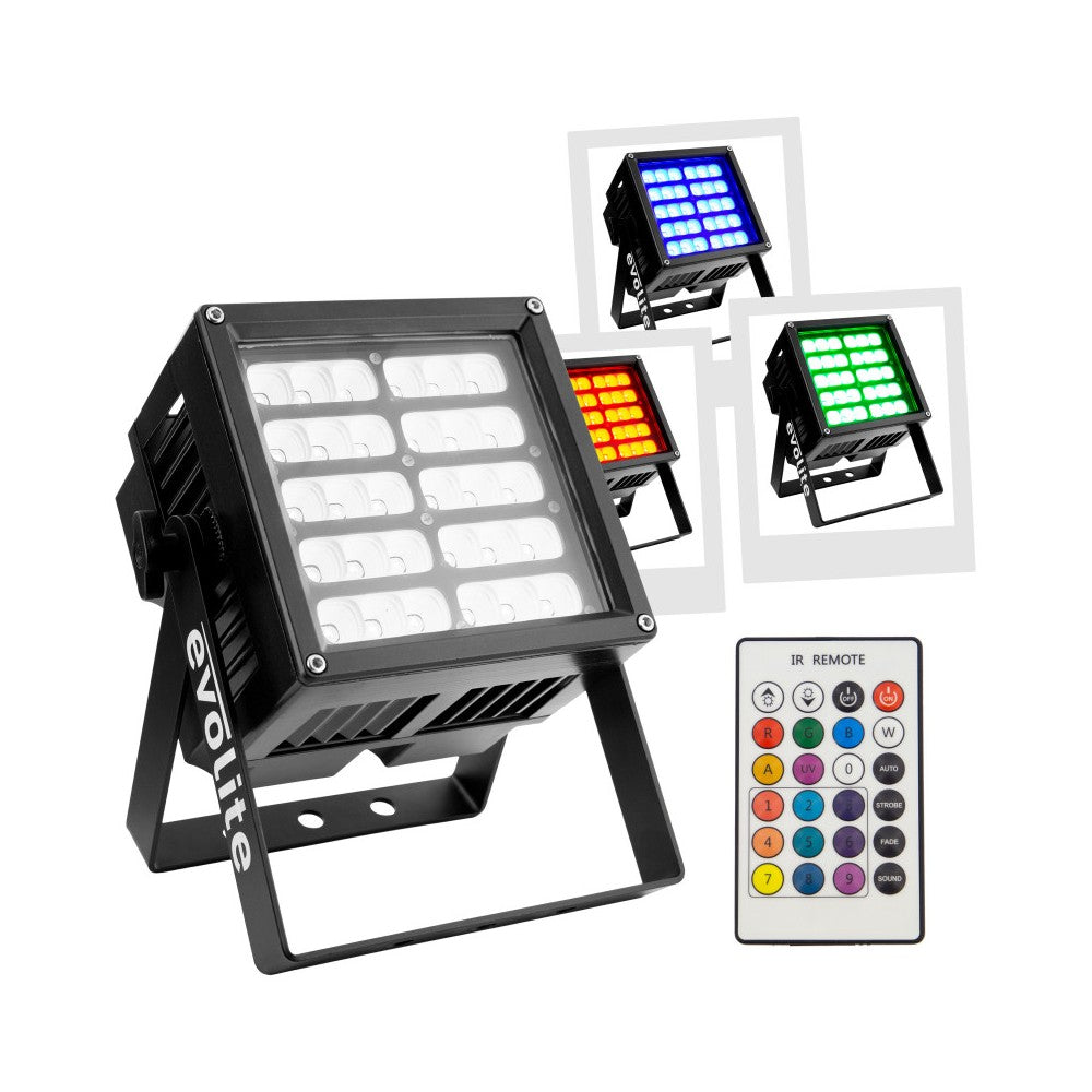 Evolite Battery-powered 30 x 5 W RGB LED architectural projector with reflector system, IP 65