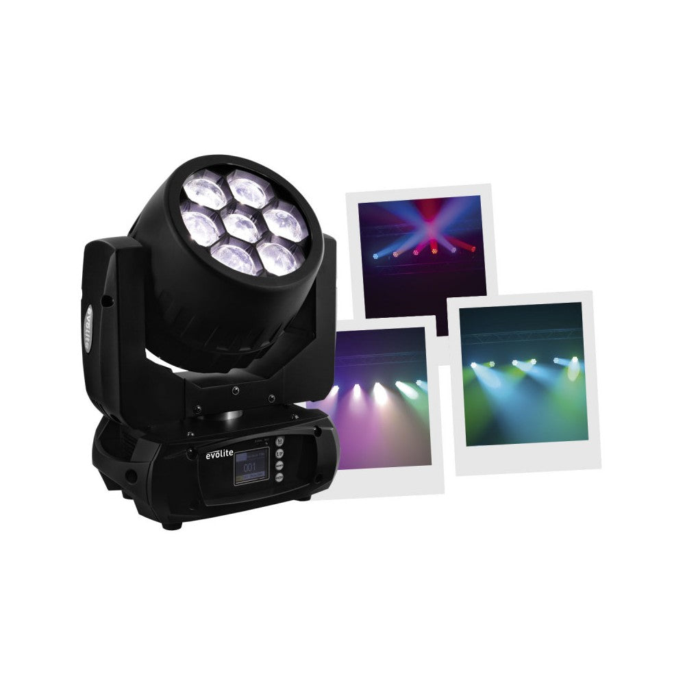 Evolite 7 x 30 W wash moving head with zoom, DMX controllable