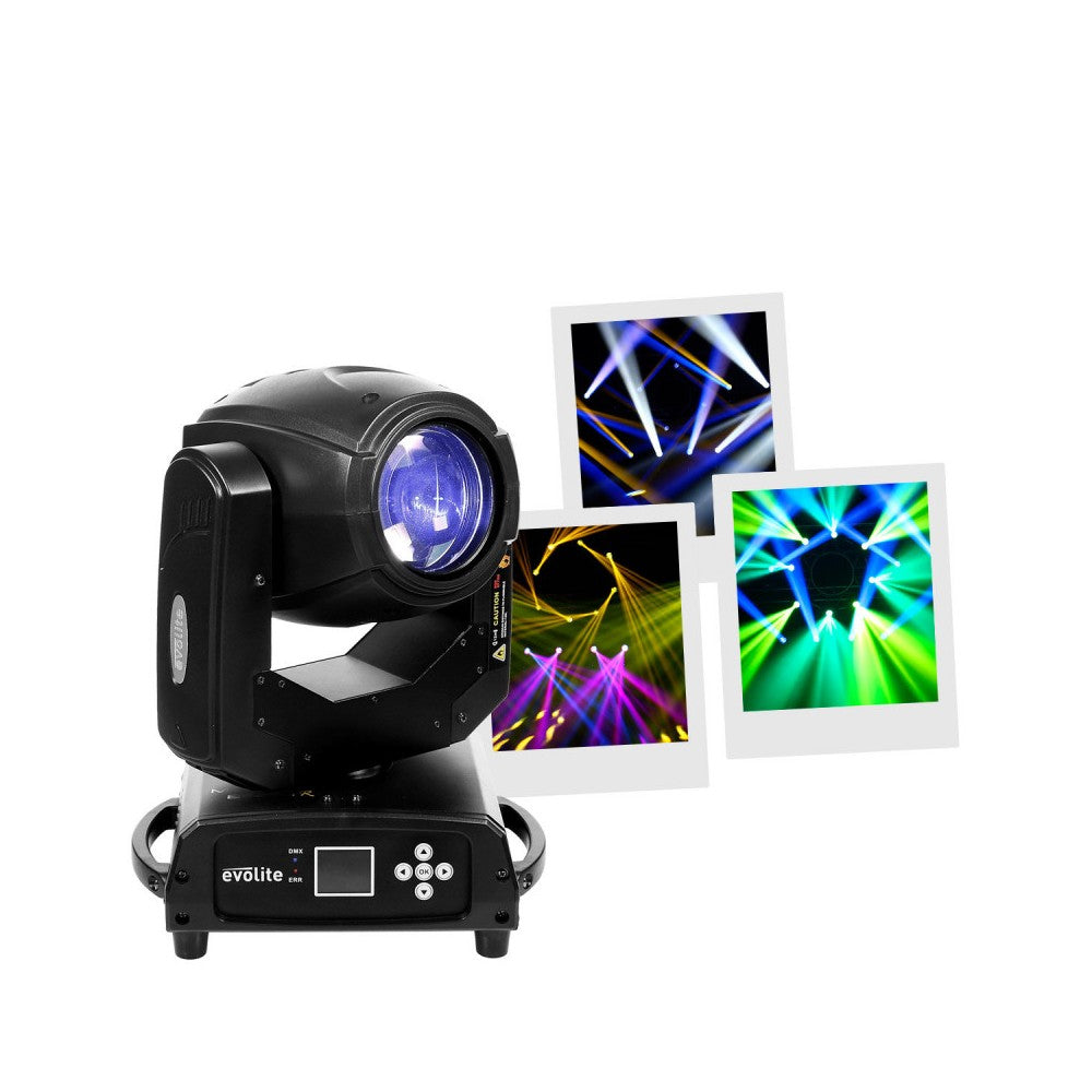 Evolite Beam moving head equipped with a 120 W type 1R short arc lamp, 7 colors + white