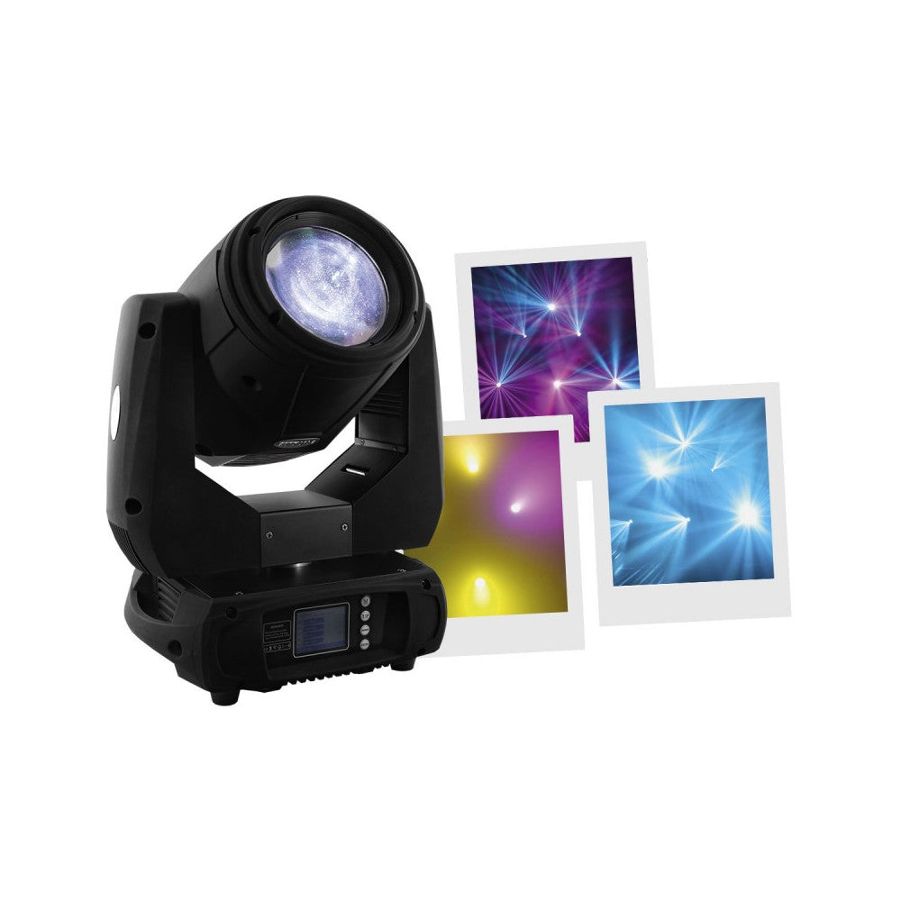 Evolite Professional moving head equipped with an Osram 230 W short arc lamp, motorized zoom