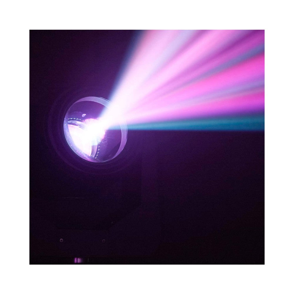Evolite Professional moving head equipped with an Osram 230 W short arc lamp, motorized zoom