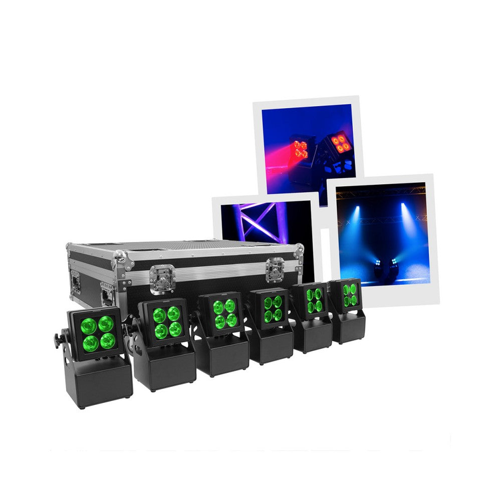 Evolite Set of 6 TROPIKOLOR 4X15W IP65 projectors, delivered in flight case of 6 compartments