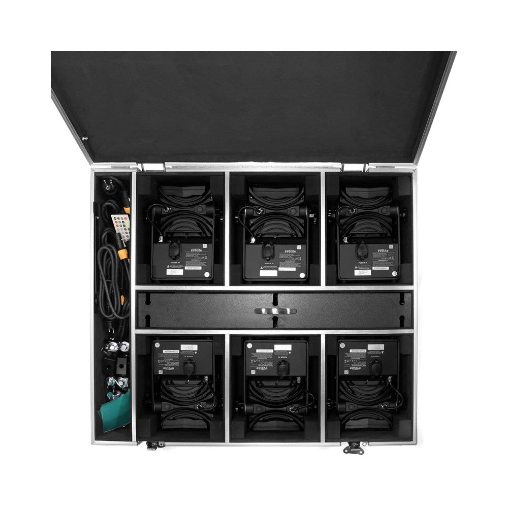 Evolite Juego de 6 proyectores TROPIKOLOR 4X15W IP65, entregado en flight case de 6 compartimentos