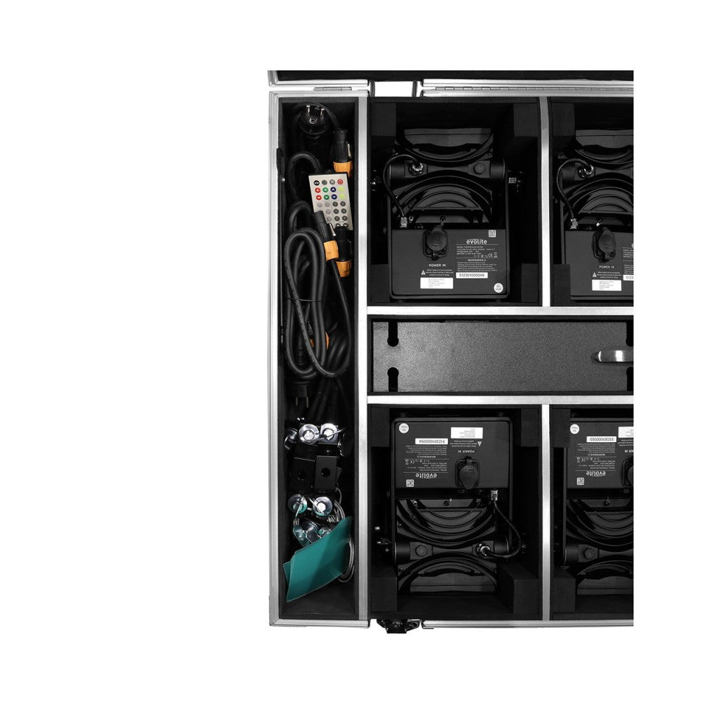 Evolite Juego de 6 proyectores TROPIKOLOR 4X15W IP65, entregado en flight case de 6 compartimentos