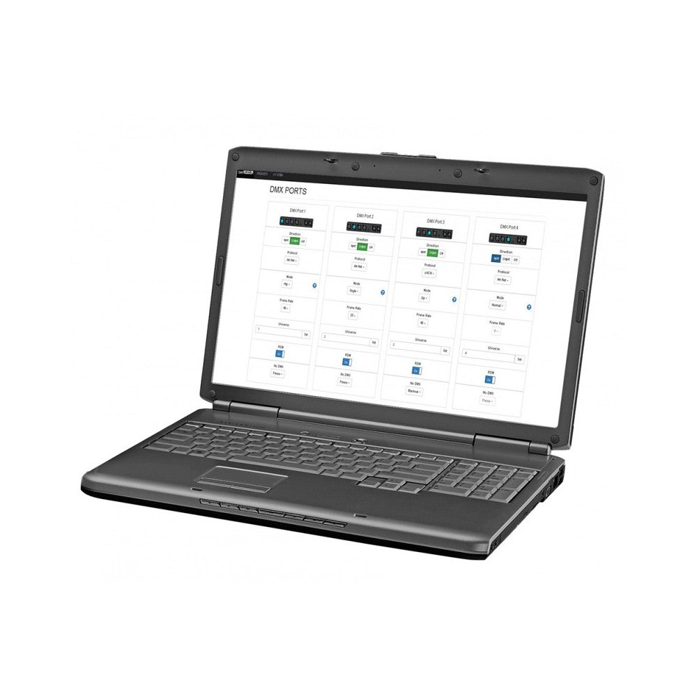 Briteq Nodo ArtNet y sACN de alta velocidad con 4 puertos DMX configurables (XLR de 3 pines), interfaz web y pantalla OLED. Compatible