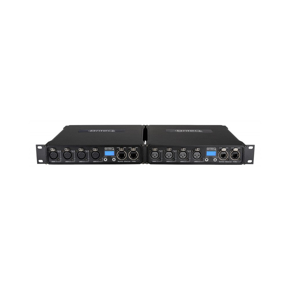 Briteq High-speed ArtNet &amp; sACN Node with 4 configurable DMX ports (XLR 5-pin), web interface and OLED display.  Compatible