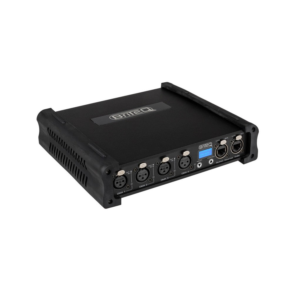 Briteq High-speed ArtNet &amp; sACN Node with 4 configurable DMX ports (XLR 5-pin), web interface and OLED display.  Compatible