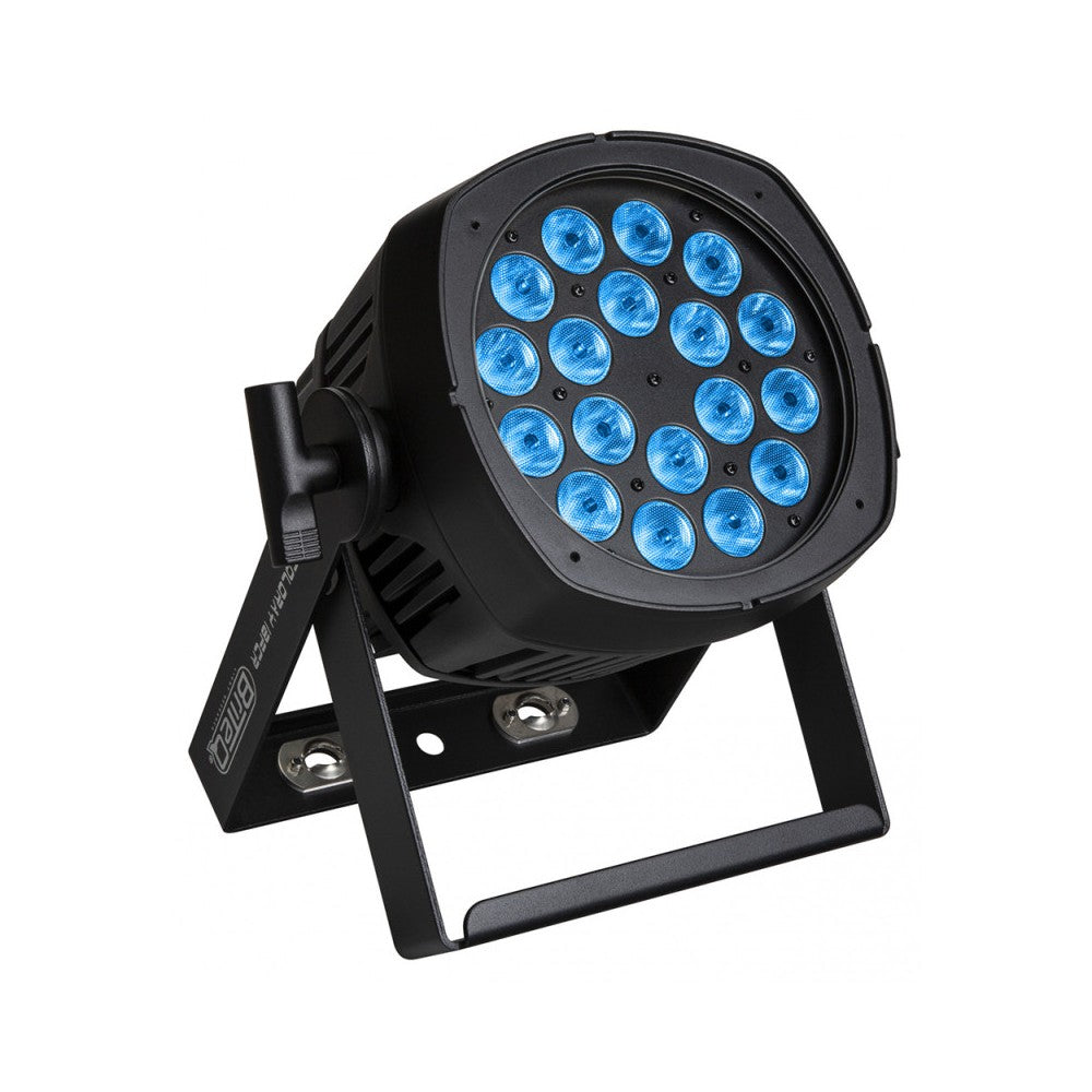 Briteq Outdoor projector with 18x8W RGBW LEDs, 20° beam angle and Neutrik TRUE1 Powercon and 5P XLR connectors and IP-fan cooling