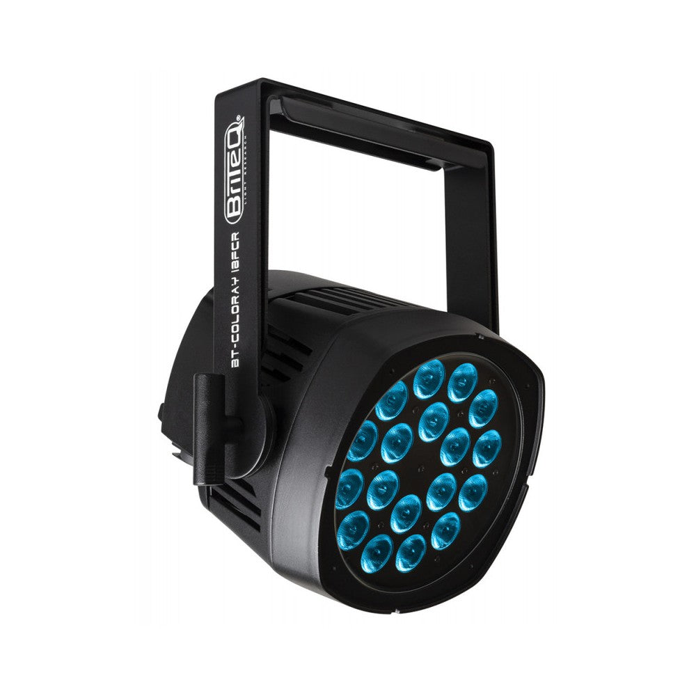 Briteq Outdoor projector with 18x8W RGBW LEDs, 20° beam angle and Neutrik TRUE1 Powercon and 5P XLR connectors and IP-fan cooling