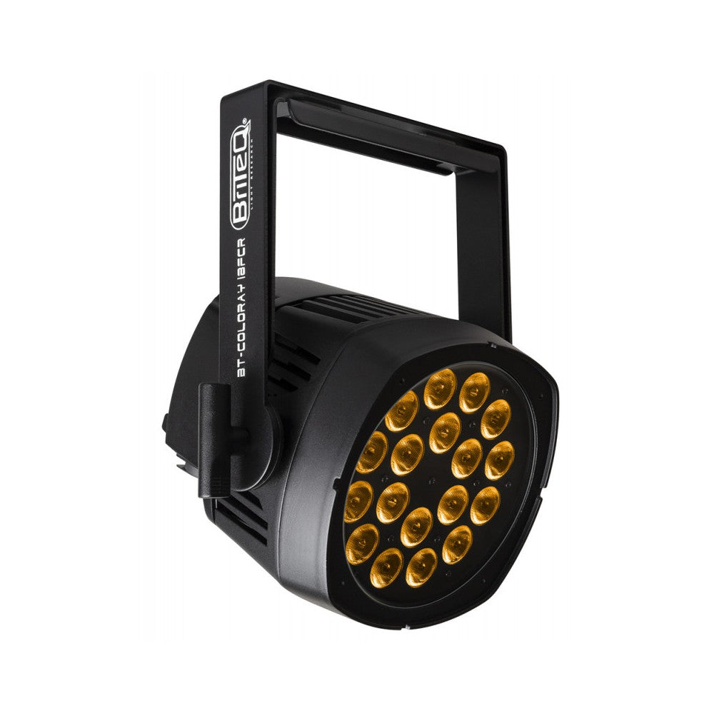 Briteq Outdoor projector with 18x8W RGBW LEDs, 20° beam angle and Neutrik TRUE1 Powercon and 5P XLR connectors and IP-fan cooling