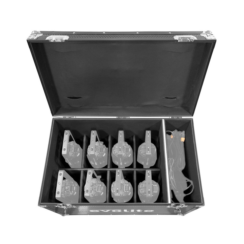 Flight case de transporte Evolite diseñado para transportar de forma segura 8 Evolite PARCOB150RGBW-IP