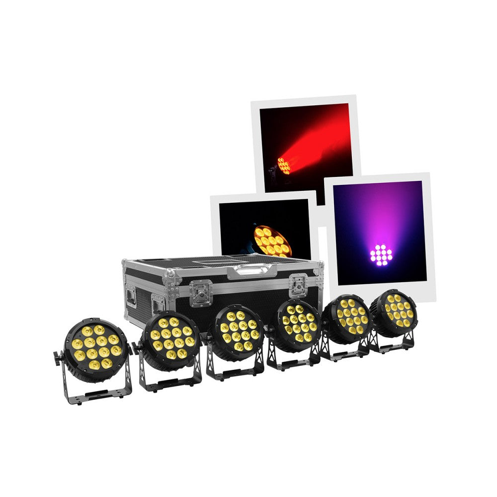 Evolite 12 x 12W RGBWA-UV 6-in-1 LED projector, IP65, delivered in 6 pcs flight case with integrated charger
