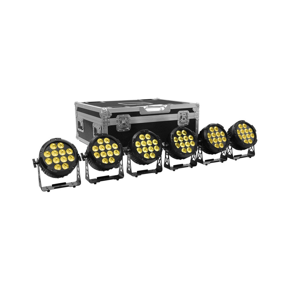 Proyector LED Evolite 12 x 12W RGBWA-UV 6 en 1, IP65, entregado en flight case de 6 unidades con cargador integrado