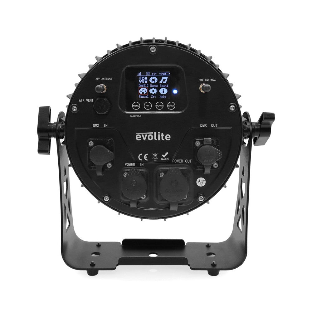 Proyector LED Evolite 12 x 12W RGBWA-UV 6 en 1, IP65, entregado en flight case de 6 unidades con cargador integrado