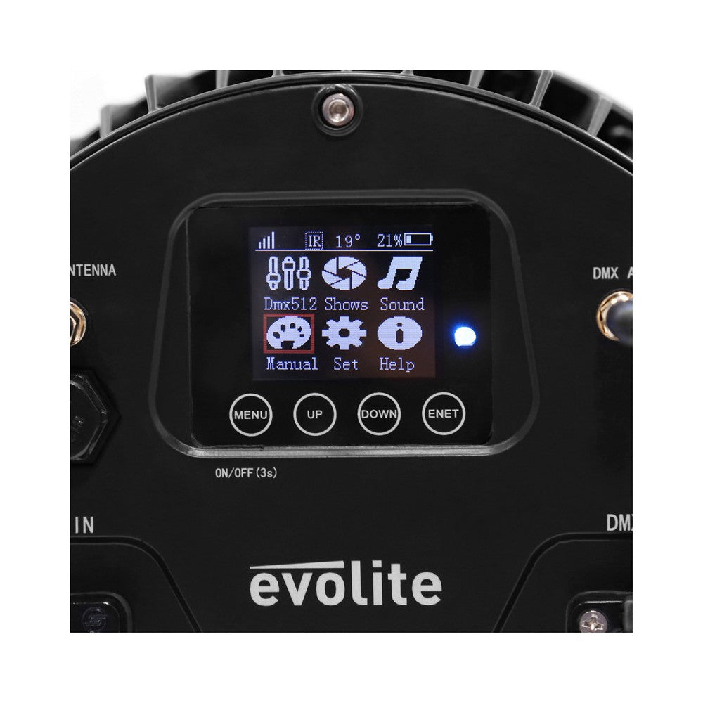 Proyector LED Evolite 12 x 12W RGBWA-UV 6 en 1, IP65, entregado en flight case de 6 unidades con cargador integrado