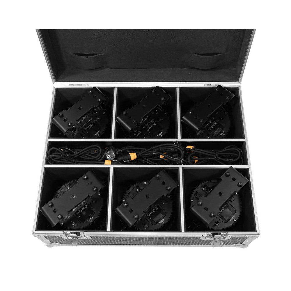 Proyector LED Evolite 12 x 12W RGBWA-UV 6 en 1, IP65, entregado en flight case de 6 unidades con cargador integrado