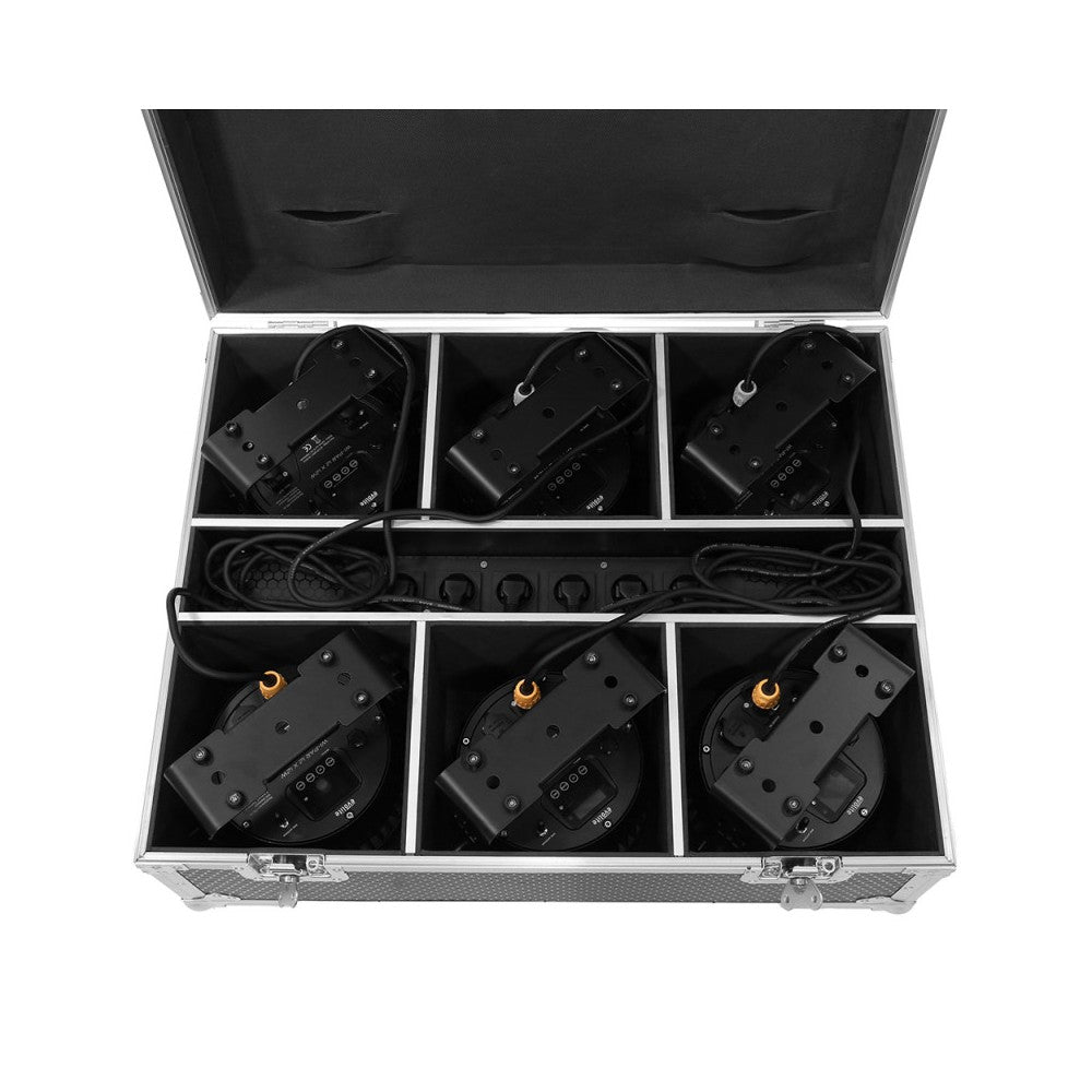 Proyector LED Evolite 12 x 12W RGBWA-UV 6 en 1, IP65, entregado en flight case de 6 unidades con cargador integrado