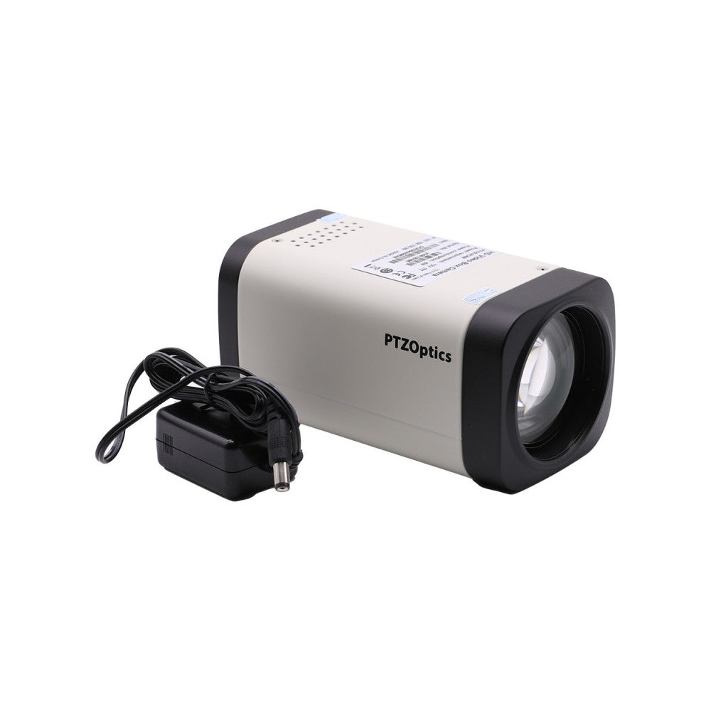 PTZOptics 12x optical zoom static box camera, FHD, 30 fps, 72.5° HFOV, HD-SDI | IP, PoE, white