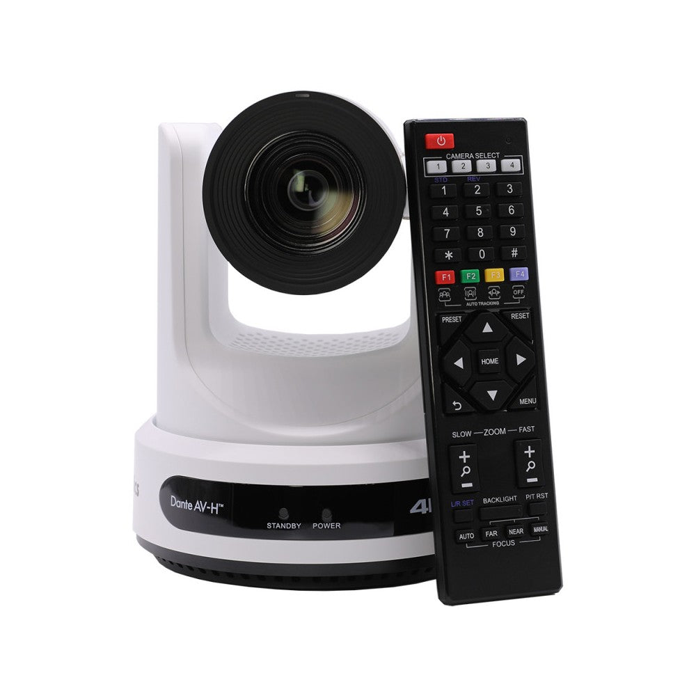 PTZOptics 4K UHD PTZ camera, 20x optical zoom with auto-traking function, supports simultaneous IP Video (DANTE AV-H, SRT, RTMPS