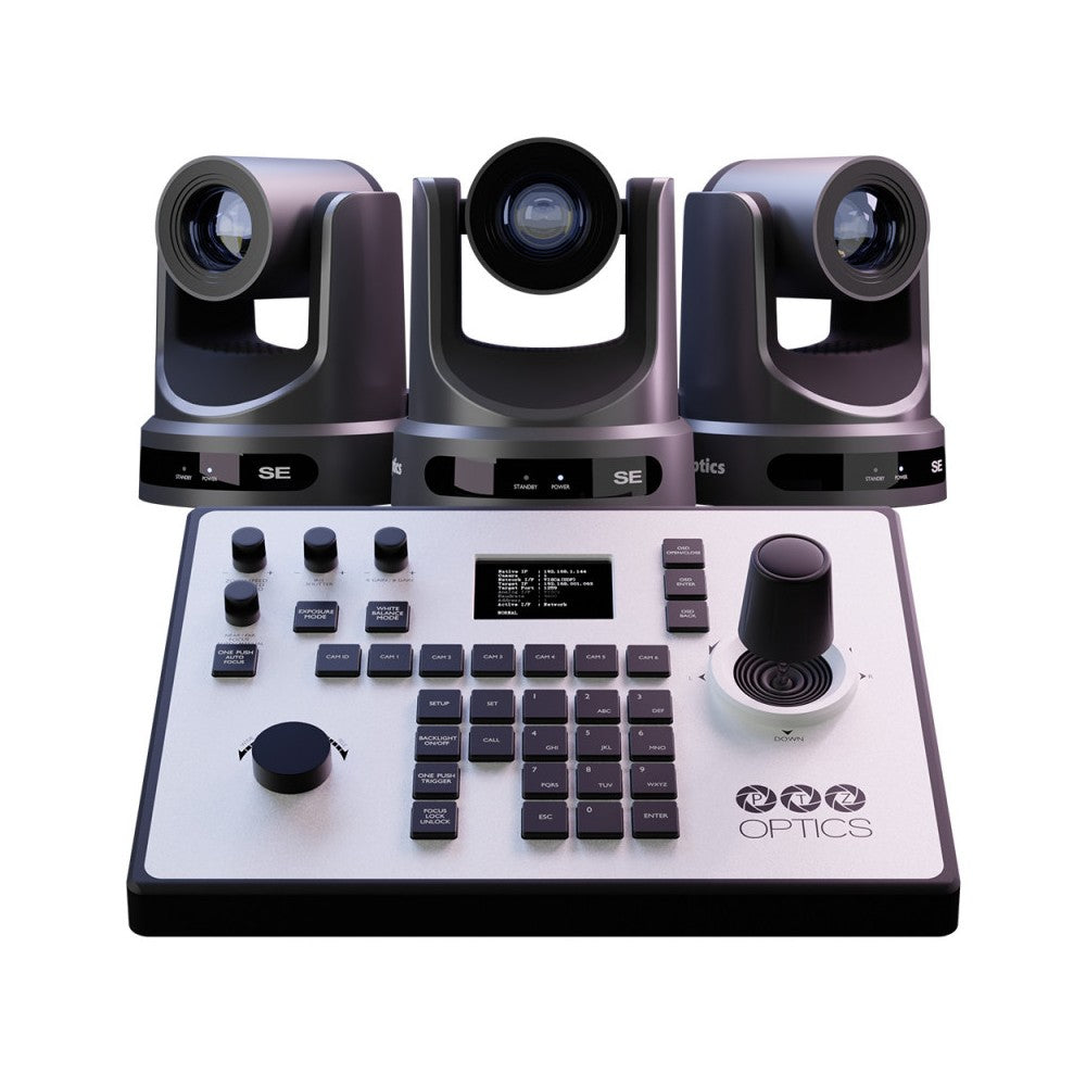 PTZOptics Bundle features 3 x PT20X-SE-GY-G3 cameras, 1 x PT-JOY-G4 IP / serial joystick controller and the PTZOptics Camera Man