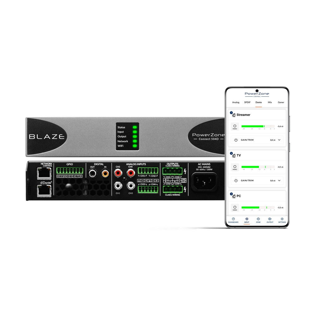 BLAZE POWERZONE CONNECT 504 AMPLIFICADOR DE 4 CANALES DE 500W COMPATIBLE CON DANTE