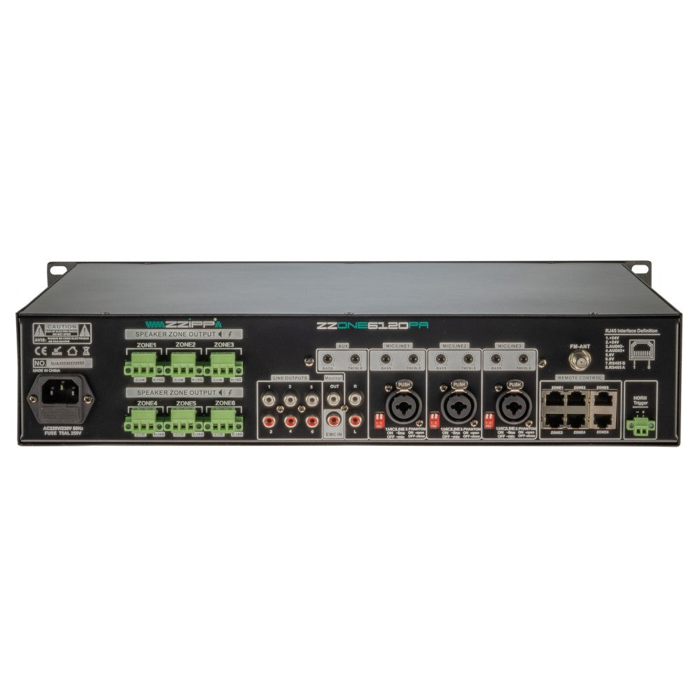 ZZIPP ZZONE6120PA Amplificador mezclador reproductor USB/BT/FM de 120W y 6 zonas
