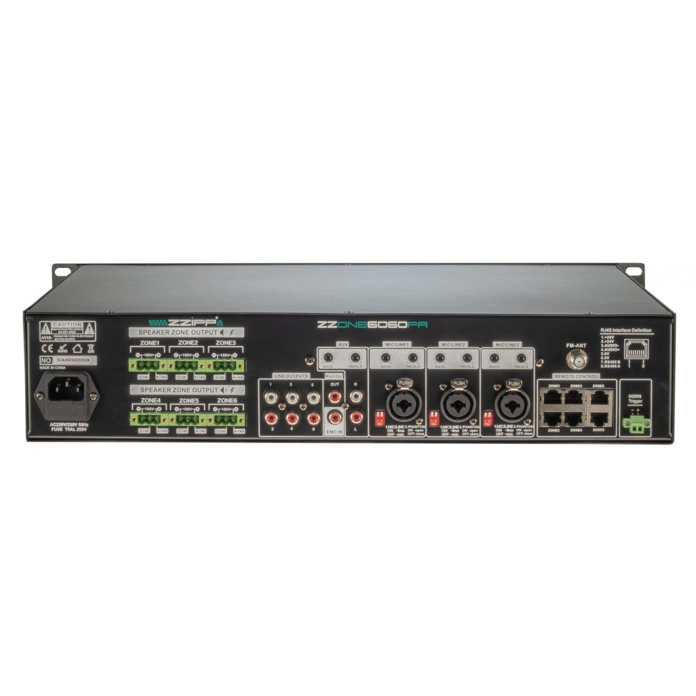 ZZIPP ZZONE6060PA Amplificador mezclador reproductor USB/BT/FM de 60W con 6 zonas