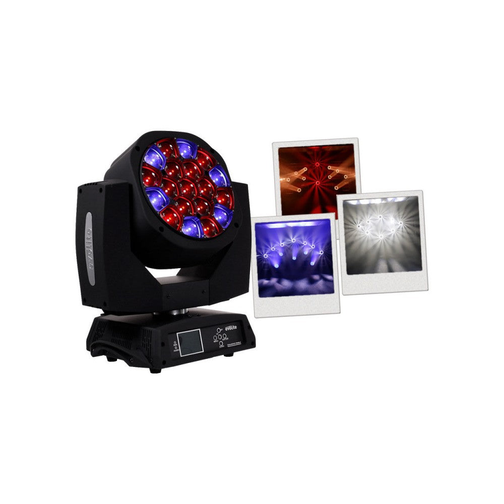 Evolite Wash moving heads with zoom and  QUAD RGBW 19 x 15 W LED