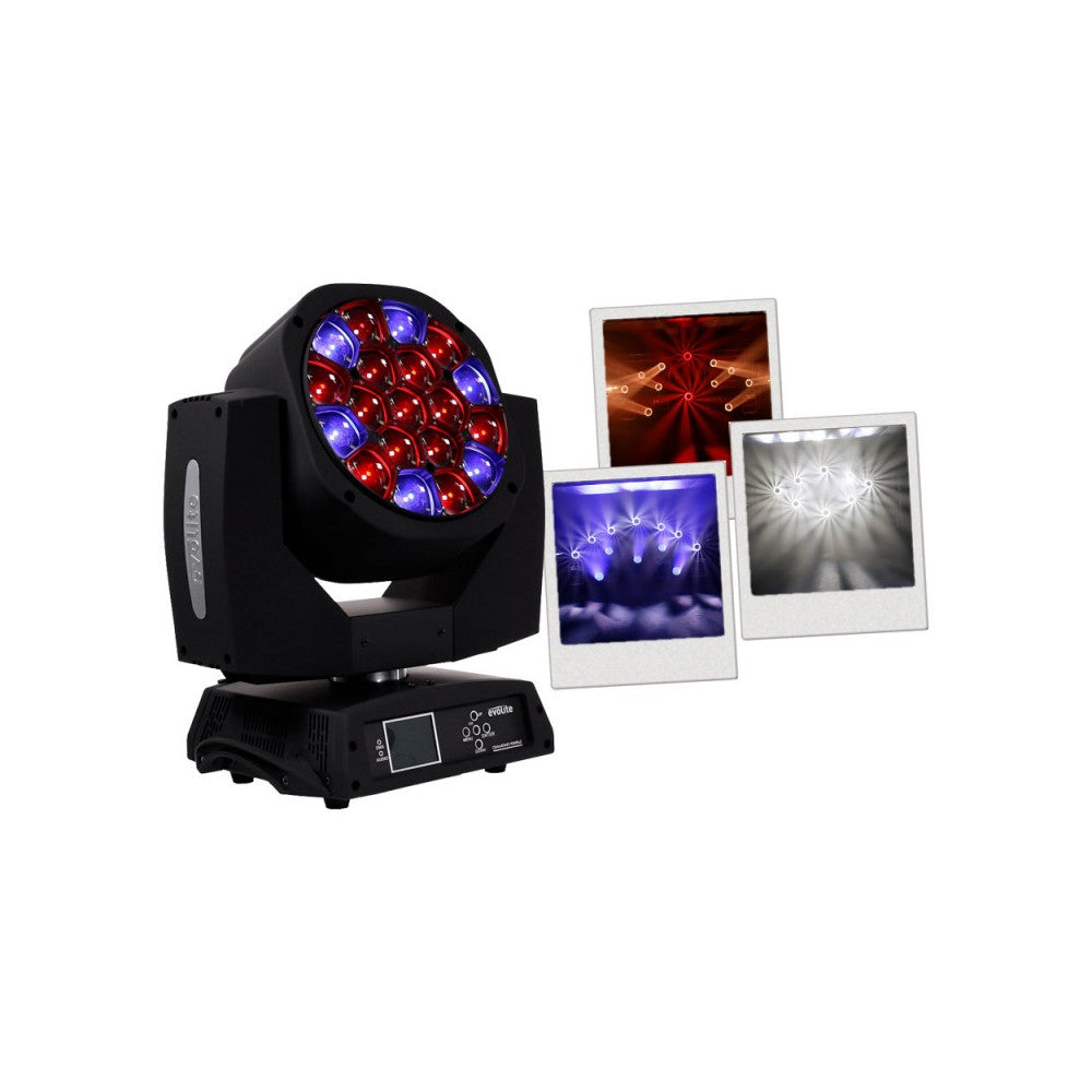 Cabezas móviles Evolite Wash con zoom y LED QUAD RGBW de 19 x 15 W