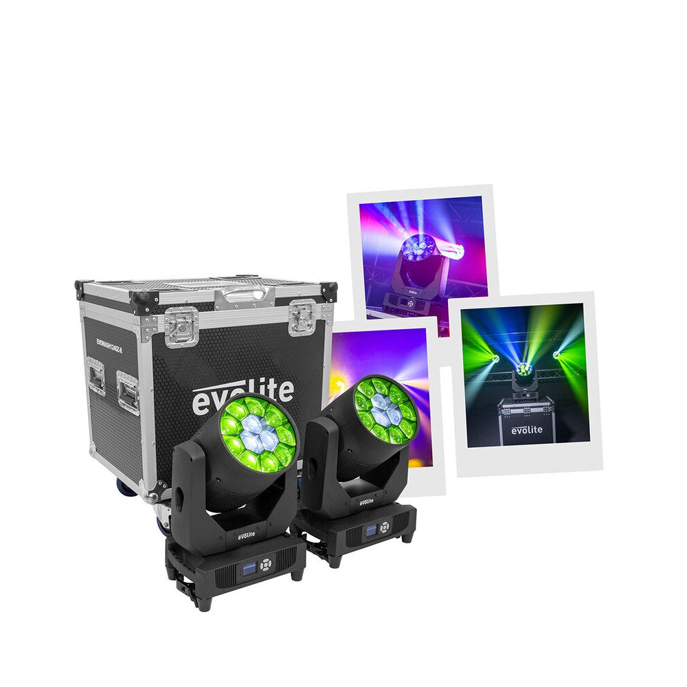 Evolite Pair of 12 x 40 W professional wash moving heads with zoom and Bee rotary effect, delivered in a transport flight case