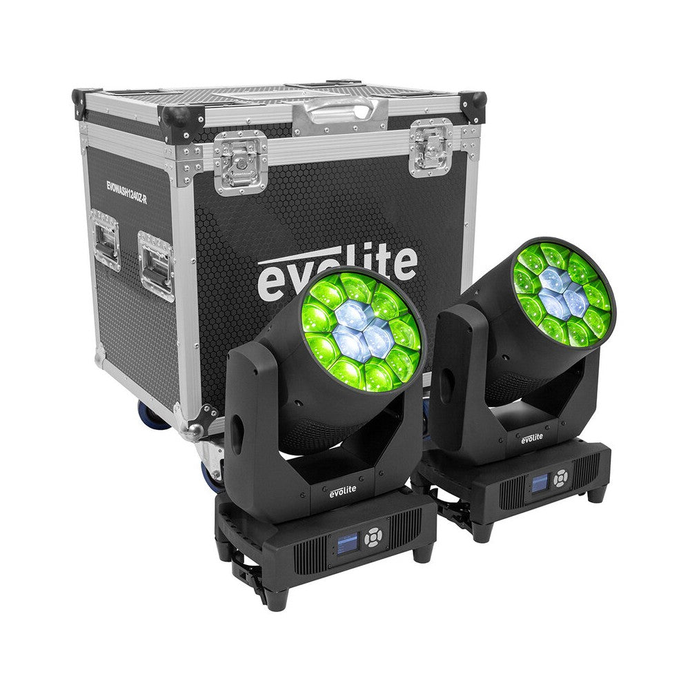 Evolite Pair of 12 x 40 W professional wash moving heads with zoom and Bee rotary effect, delivered in a transport flight case