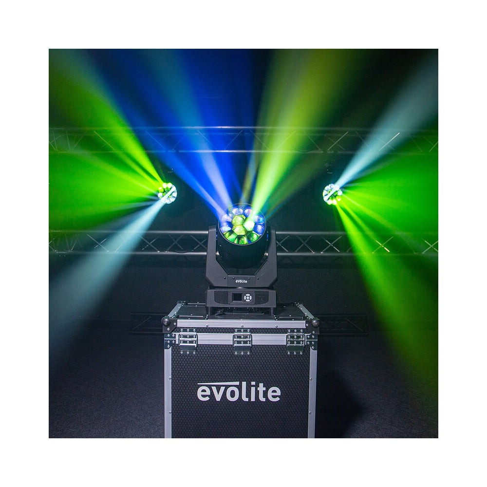 Evolite Pair of 12 x 40 W professional wash moving heads with zoom and Bee rotary effect, delivered in a transport flight case